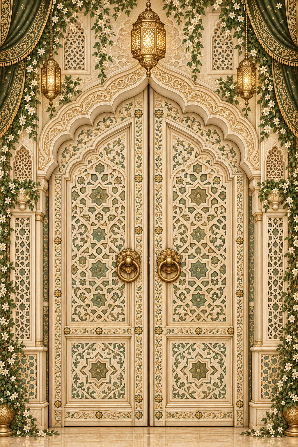 Illustrated olive and ivory Muslim wedding palace
