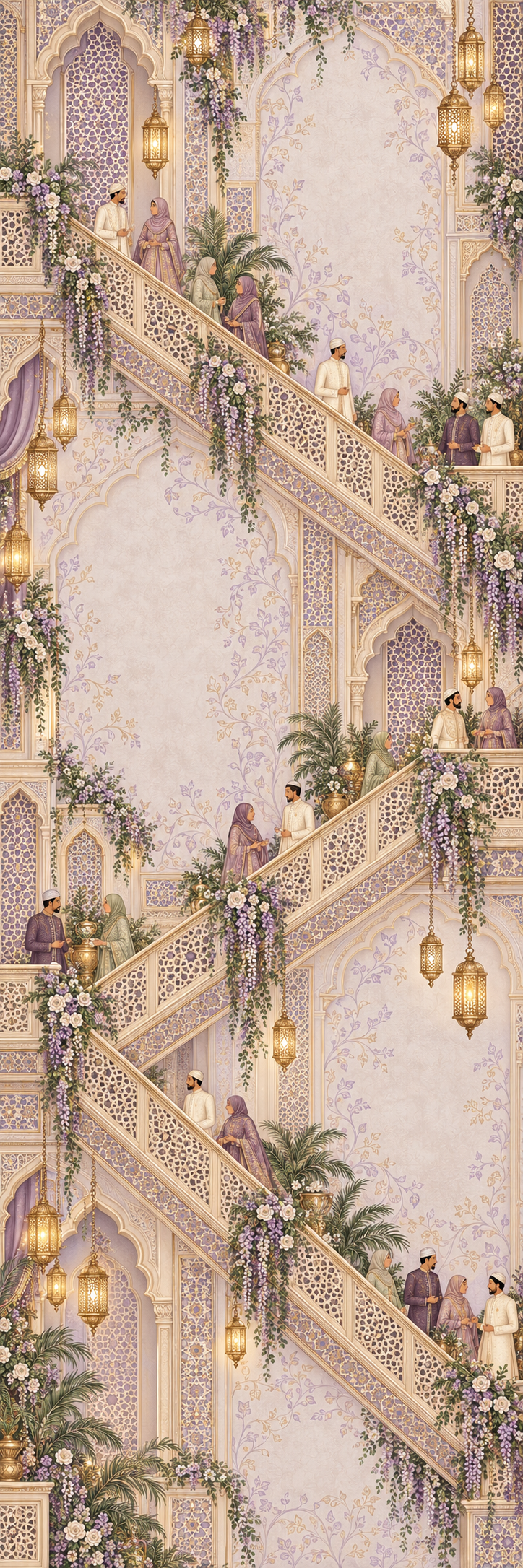 An illustrated Floral Palace with pointed Indo-Islamic arches, geometric jali railings, brass lanterns and modestly dressed South Asian Muslim wedding guests