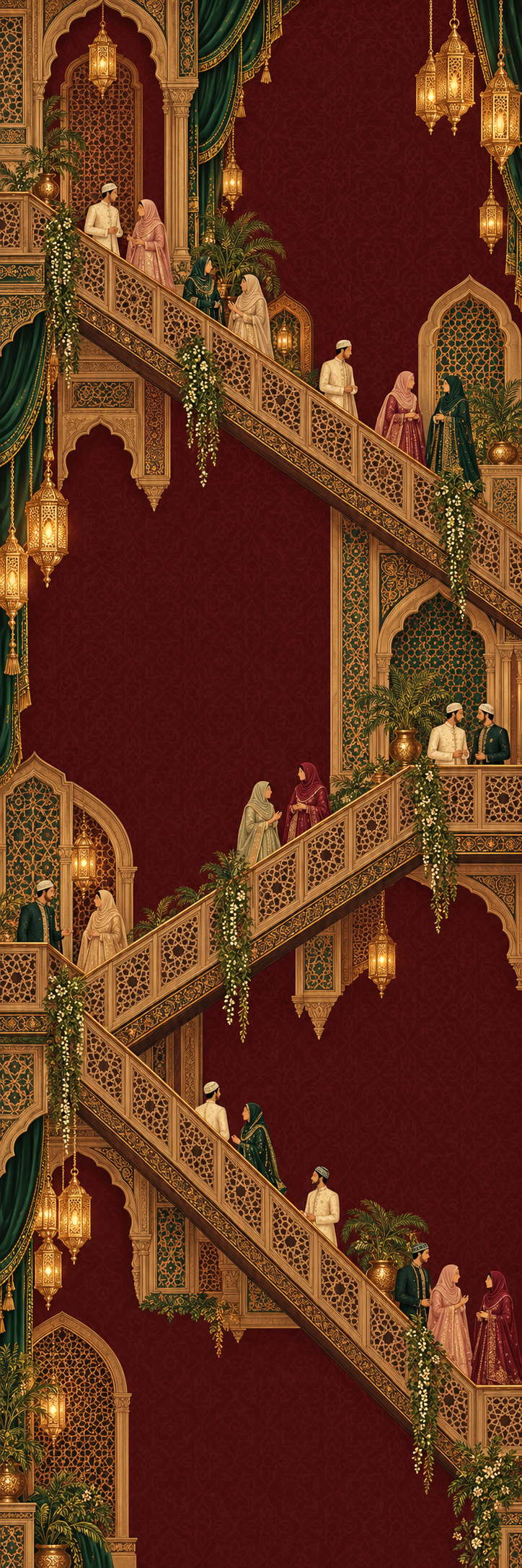An illustrated Royal Palace · Save the Date with pointed Indo-Islamic arches, geometric jali railings, brass lanterns and modestly dressed South Asian Muslim wedding guests