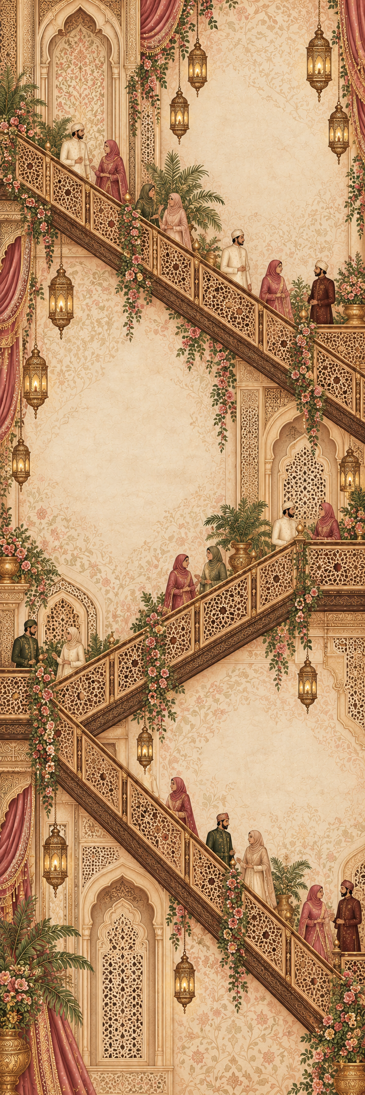 An illustrated Vintage Palace with pointed Indo-Islamic arches, geometric jali railings, brass lanterns and modestly dressed South Asian Muslim wedding guests